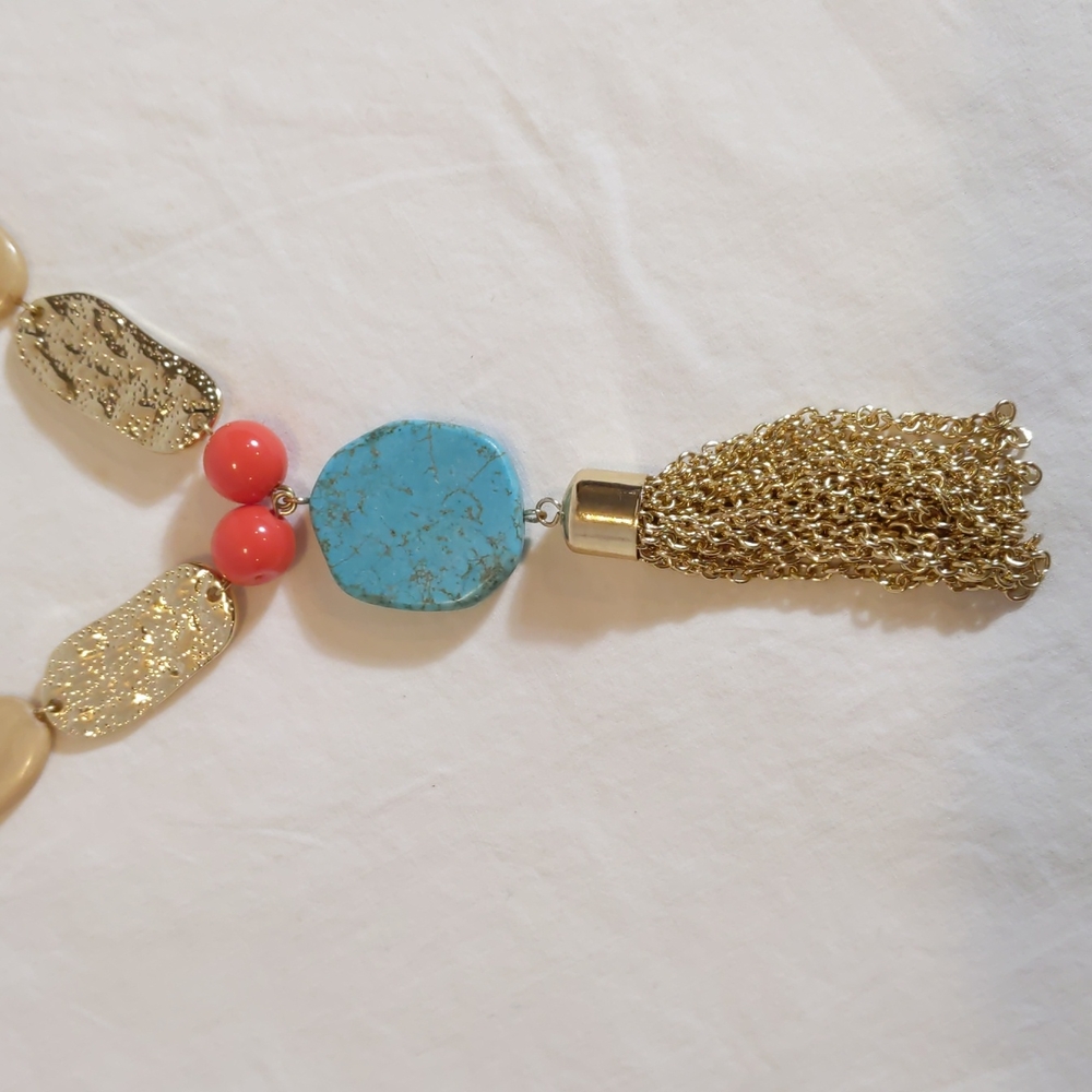 Gold Long Necklace Embellished with Stones and Tassel New